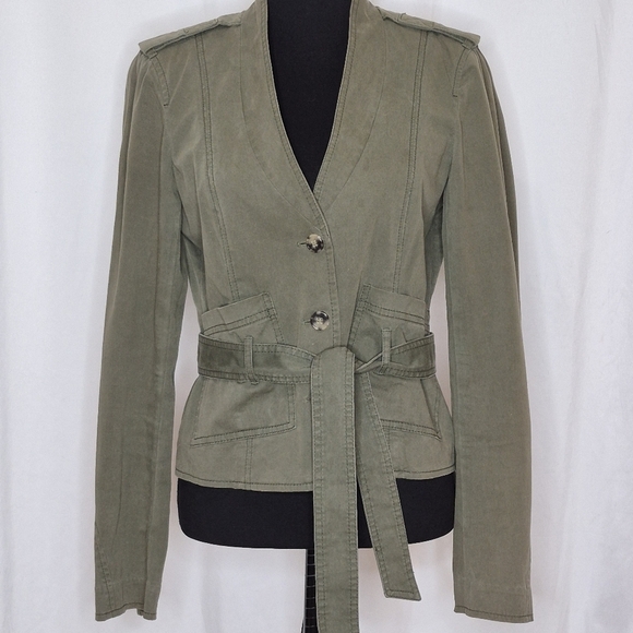 Theory Women's Olive Green V-Neck Button Front Belted Top/Blazer - Size 8 - Picture 1 of 13